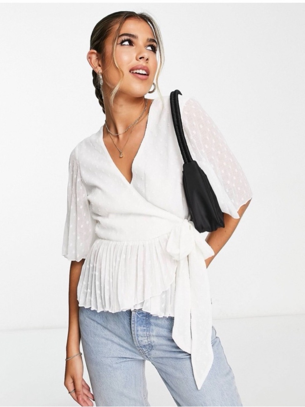 ASOS DESIGN textured wrap short sleeve blouse with pleated peplum hem Size 4